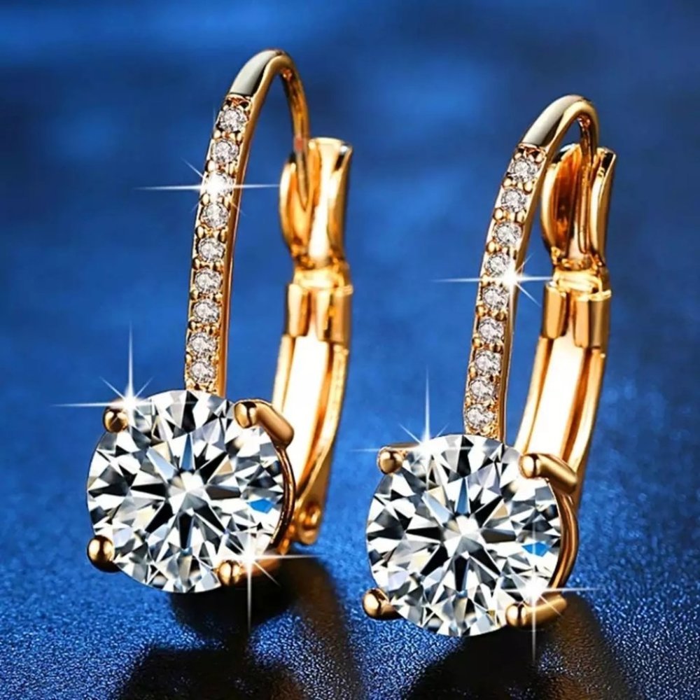 Yellow Gold Clear Brilliant AAA Zircon Clip Earrings - Picture 1 of 4